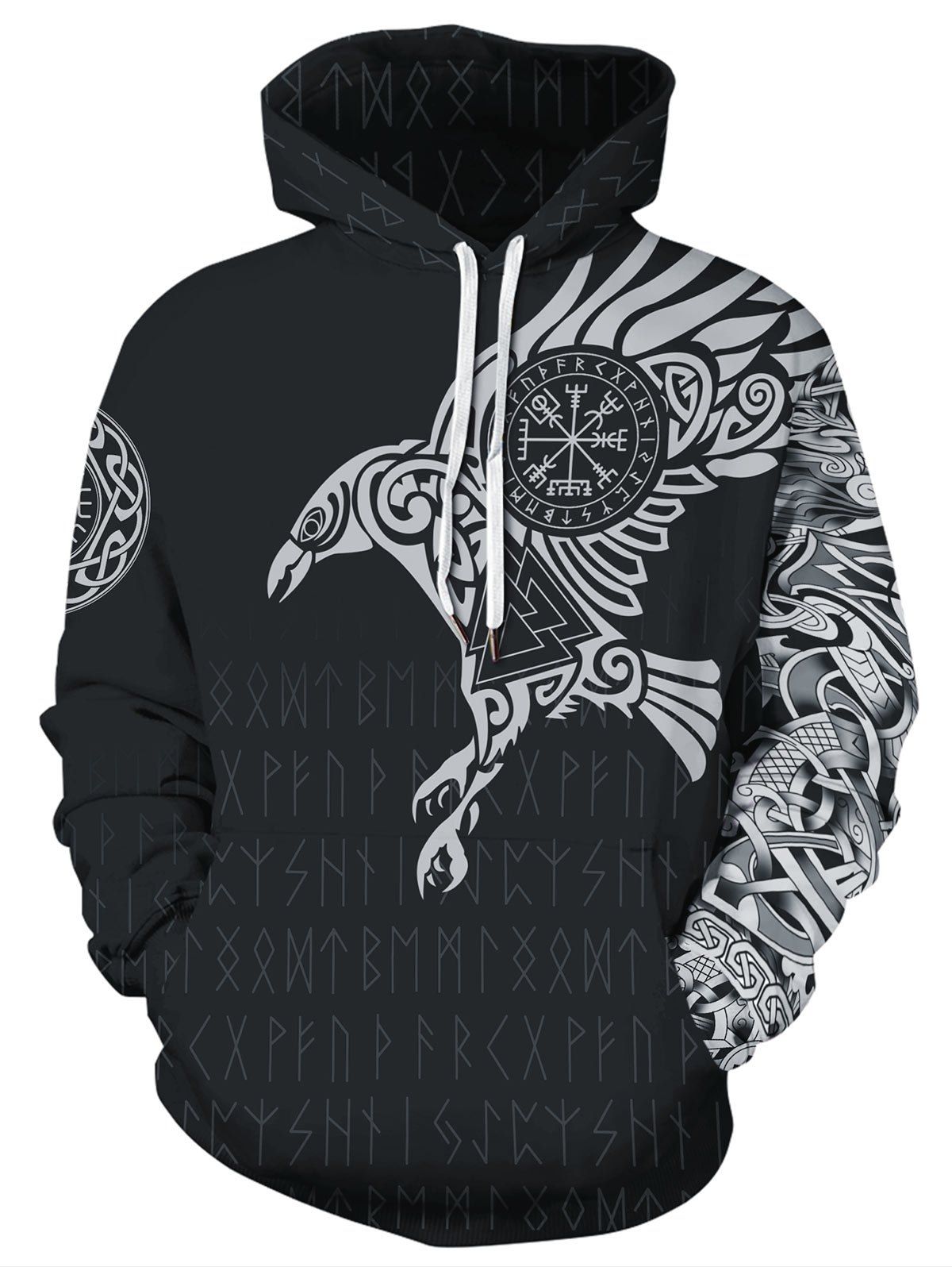 Novelty Bird Letter Print Pocket Hoodie, Black