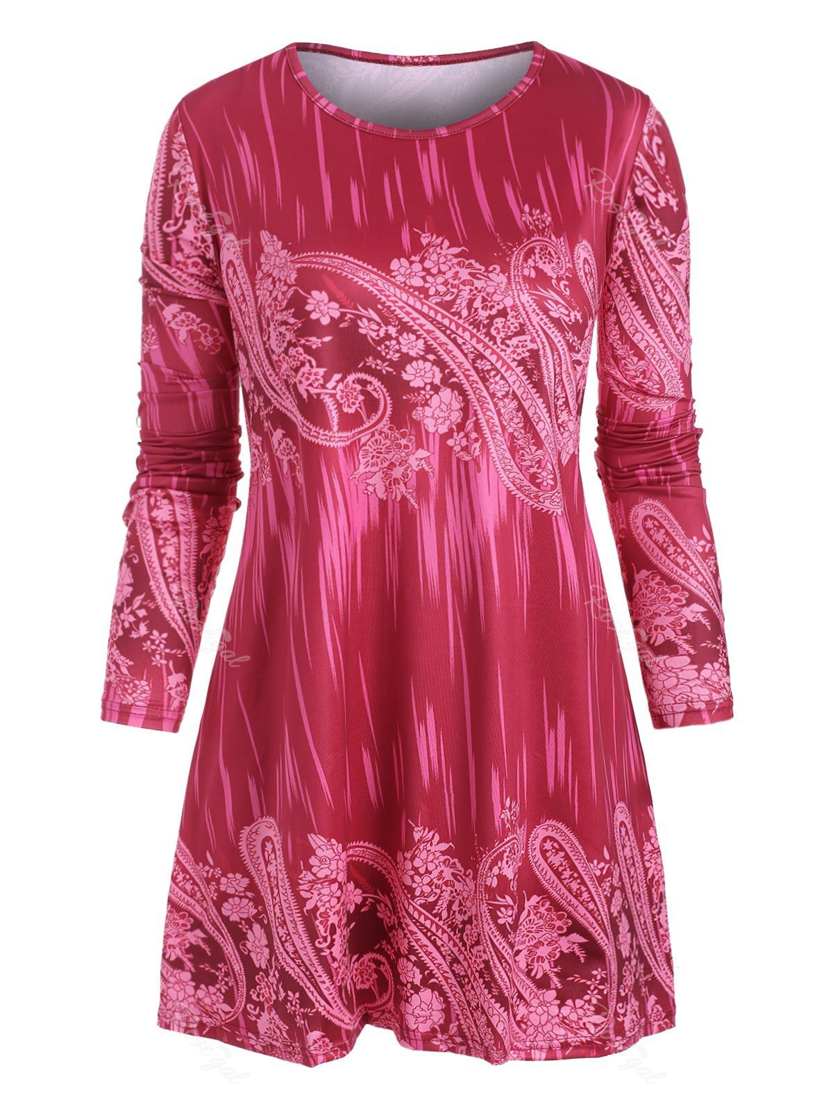 

Plus Size Paisley Floral Print Long Tunic Tee, Red wine