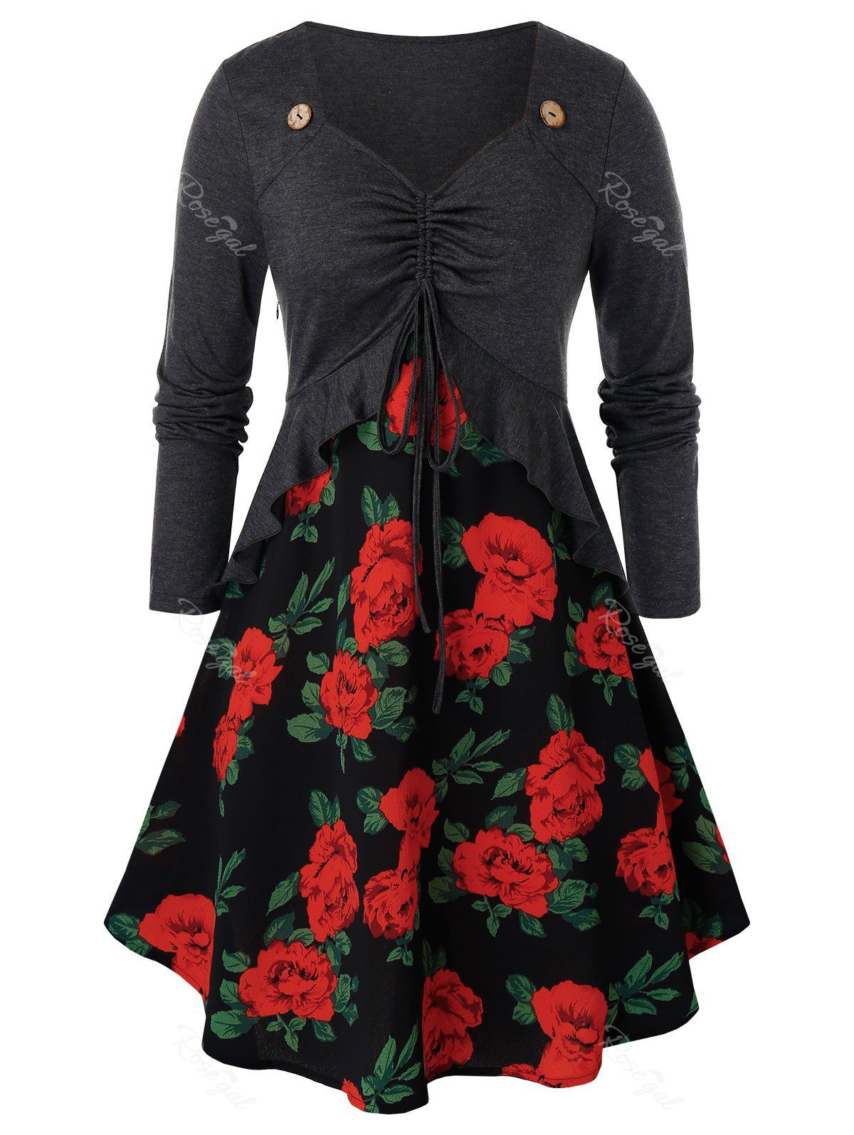 

Plus Size Button Embellished Patched Fit And Flare Top, Multi