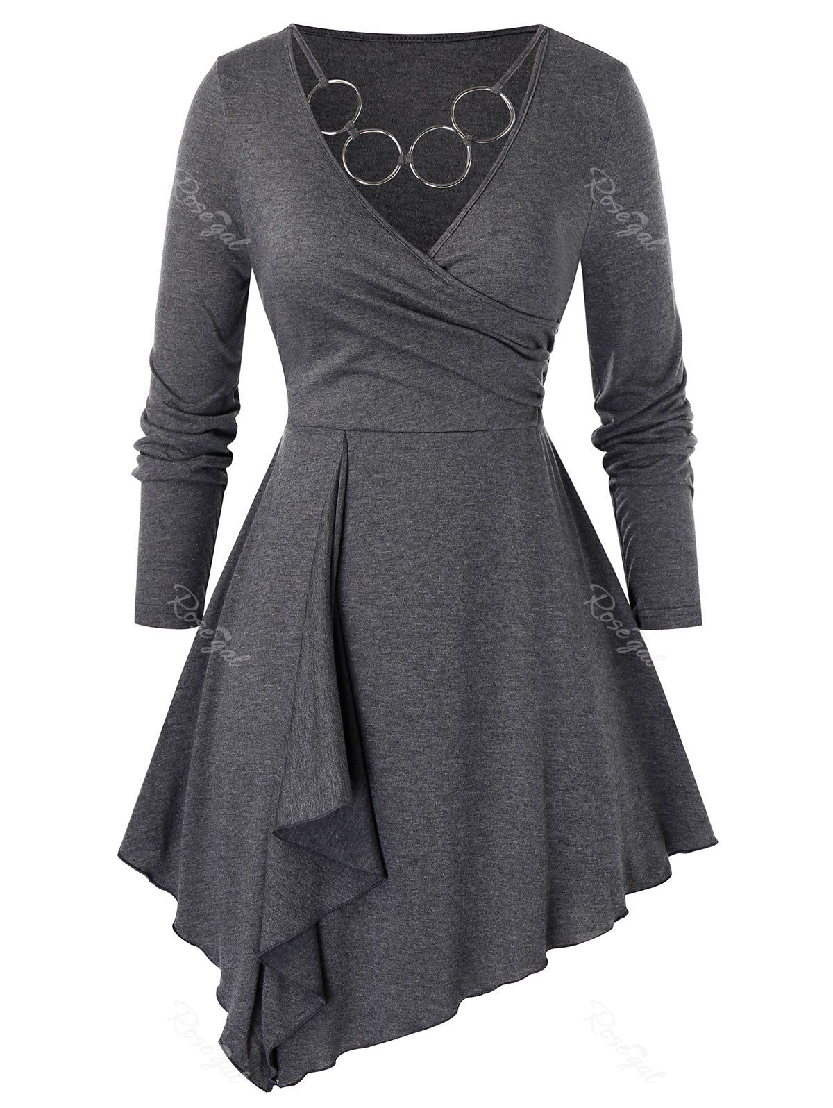 

Plus Size Wrap Collar Asymmetric Top, Carbon gray