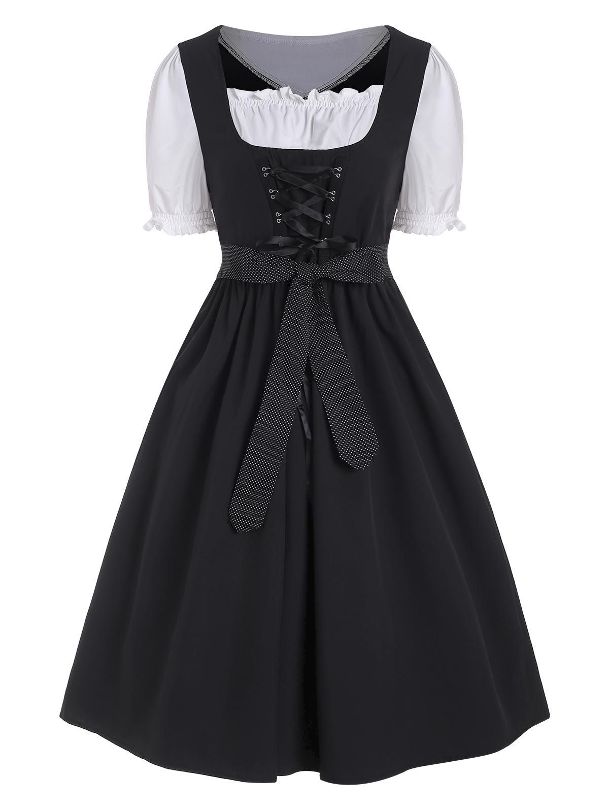 

Ruffle Lace Up Belted Colorblock Dirndl Dress, Black