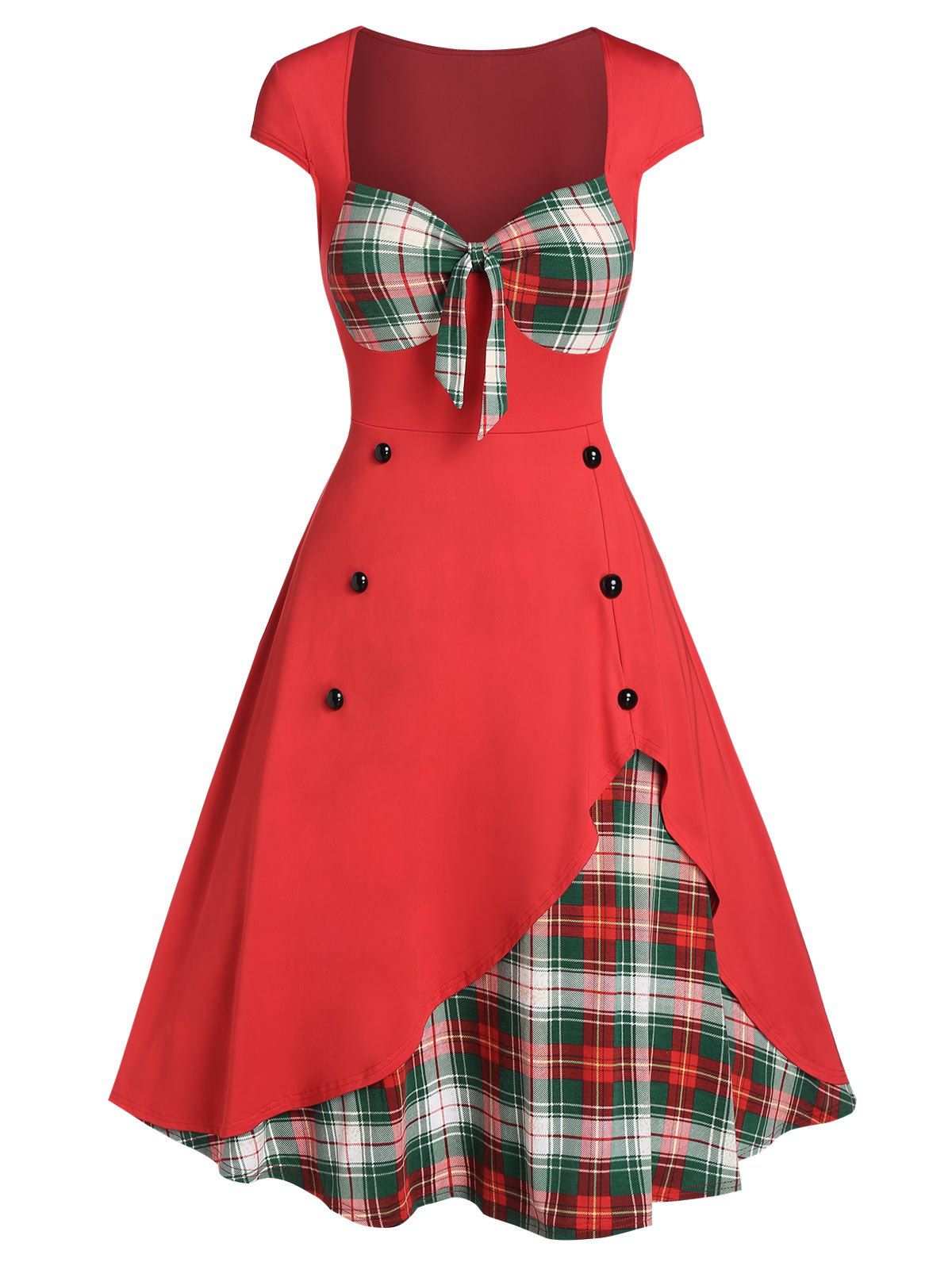 

Plaid Print Panel Button Sweetheart Neck Dress, Red