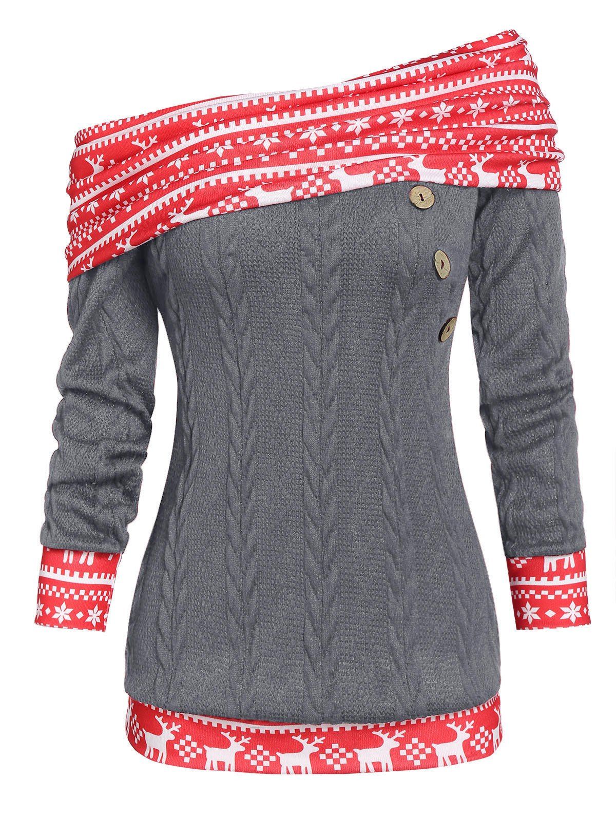 

Christmas Convertible Skew Neck Elk Print Cable Knit Sweater, Gray