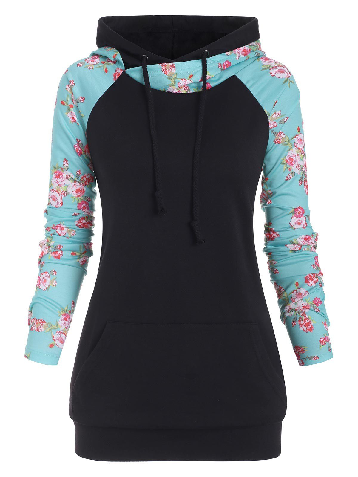 

Front Pocket Floral Raglan Sleeves Hoodie, Black