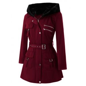

Plus Size Pockets Zippered Buckles Belted Coat, White