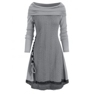 

Lace Up Cowl Neck Guipure Insert Longline Knitwear, Light gray