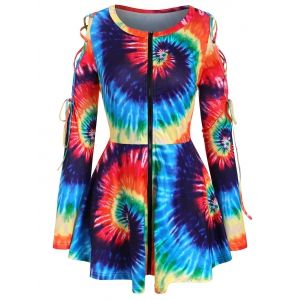 

Full Zip Rainbow Tie Dye Lace Up Plus Size Top, Multi