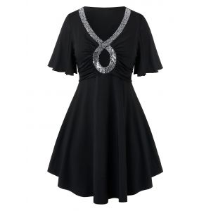 

Plus Size Keyhole Flutter Sleeve Sequins T Shirt, Black