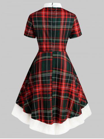 

Plus Size Christmas Plaid Bowknot Faux Fur Party Dress, Dark forest green