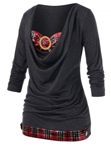 

Plus Size Velvet Plaid O Ring Embellished Blouson T-shirt, Dark slate grey