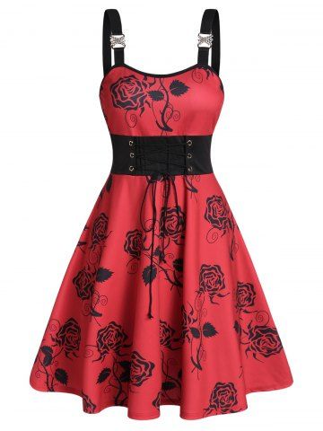 Floral Print Rhinestone Buckle Lace Up Cami Dress