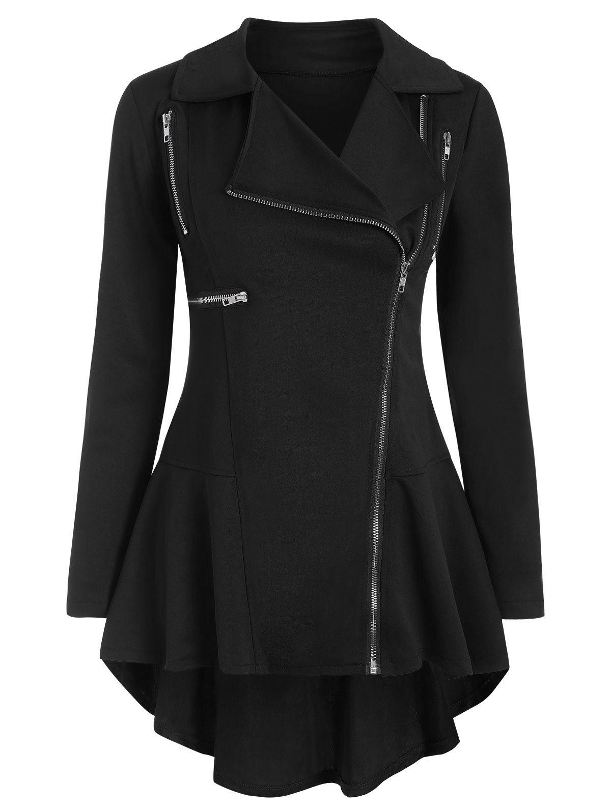 

Inclined Zipper Lapel Dip Hem Jacket, Black