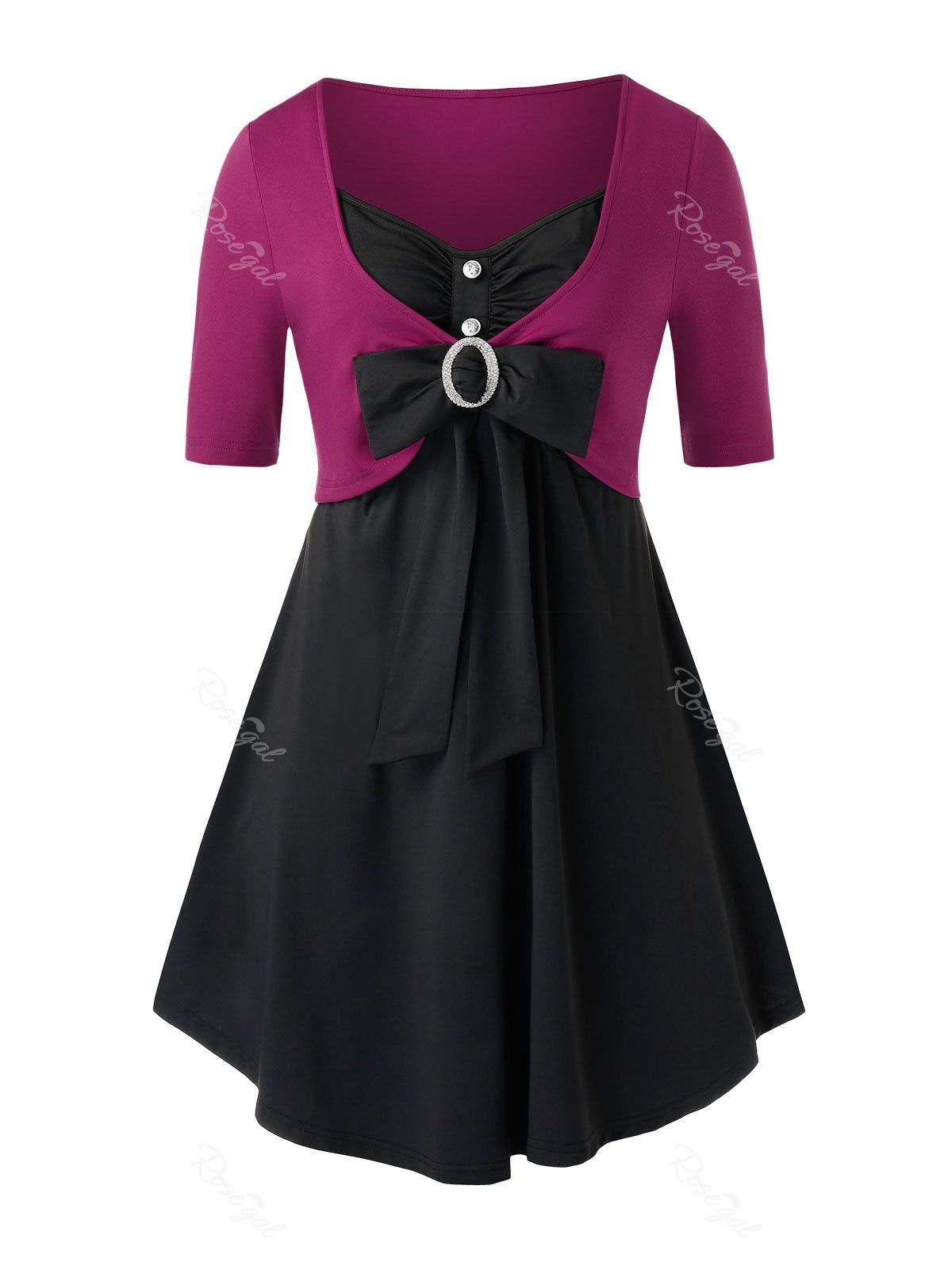 

Plus Size Bowknot Colorblock Longline T-shirt, Dark orchid