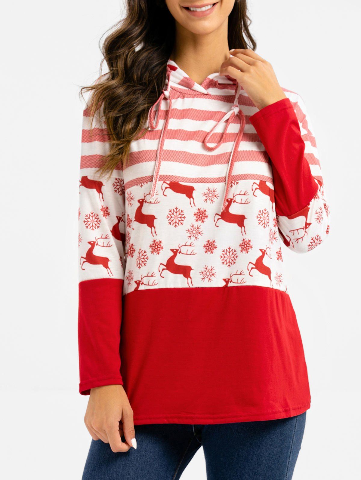 

Reindeer Snowflake Striped Christmas Longline Hoodie, Cherry red