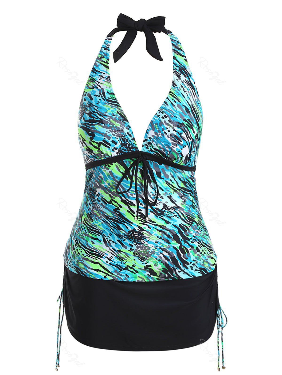 

Plus Size Scrawl Halter Cinched Skort Tankini Swimwear, Green