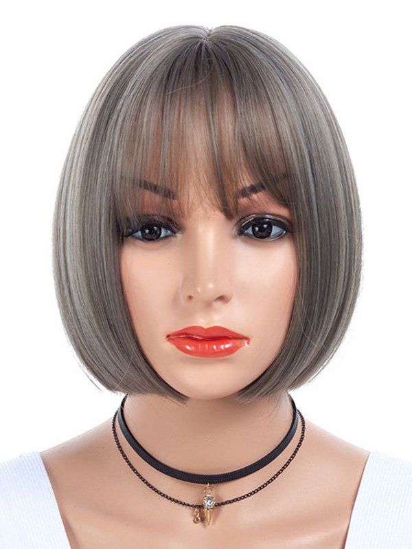 

See-through Bang Short Mixed Synthetic Straight Bob Wig, Ash gray