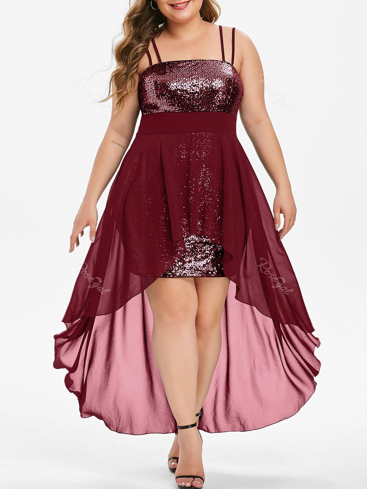 Plus Size High Low Sequin Maxi Cocktail Dress [44% OFF] | Rosegal