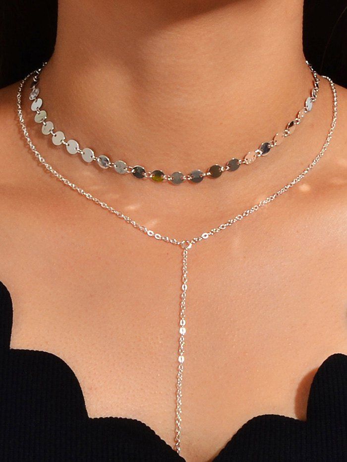 

2Pcs Geometric Layers Lariat Necklace Set, Silver
