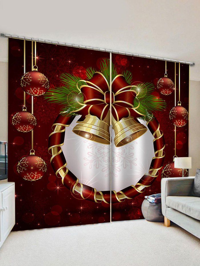 

2 Panels Christmas Balls Bowknot Bells Print Window Curtains, Multi