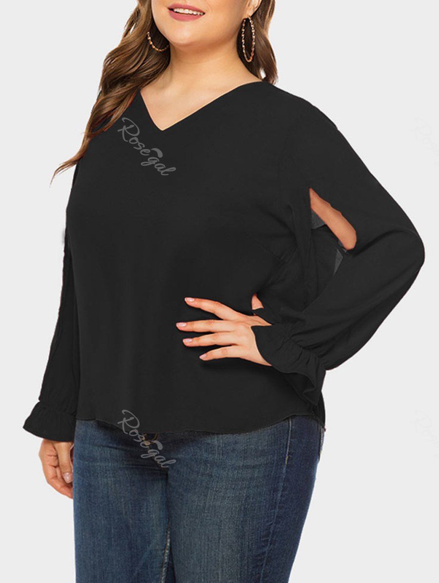

Solid V Neck Split Sleeve Plus Size Blouse, Black