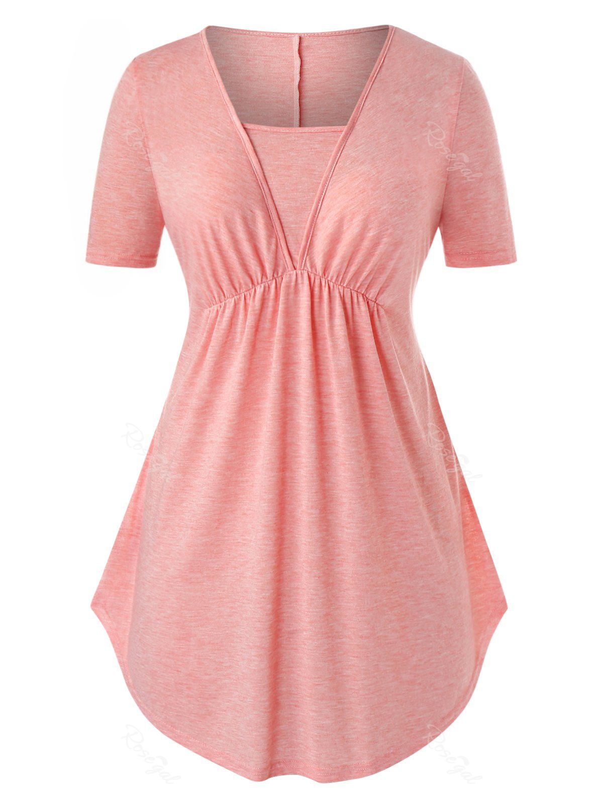 

Plus Size Heathered Ruched Long Tunic T Shirt, Light pink