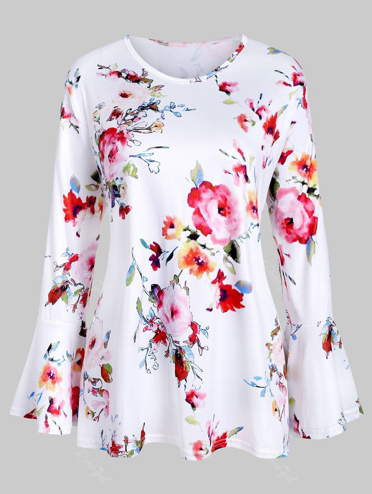 

Flare Sleeve Floral Print Plus Size Top, White