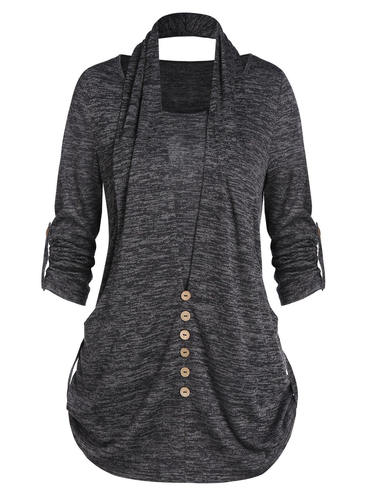 

Marled Roll Up Sleeve Buttons T Shirt, Ash gray