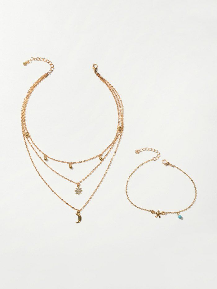

Star Moon Layers Necklace Beach Anklet Set, Gold