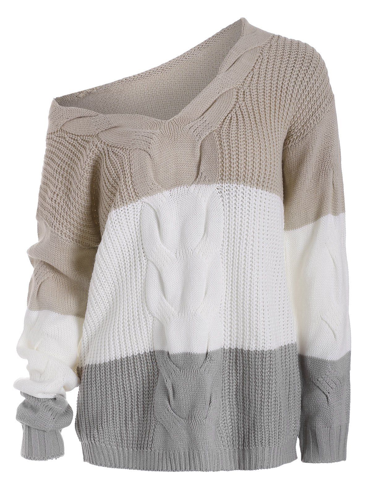 

V Neck Cable Knit Colorblock Sweater, Light khaki