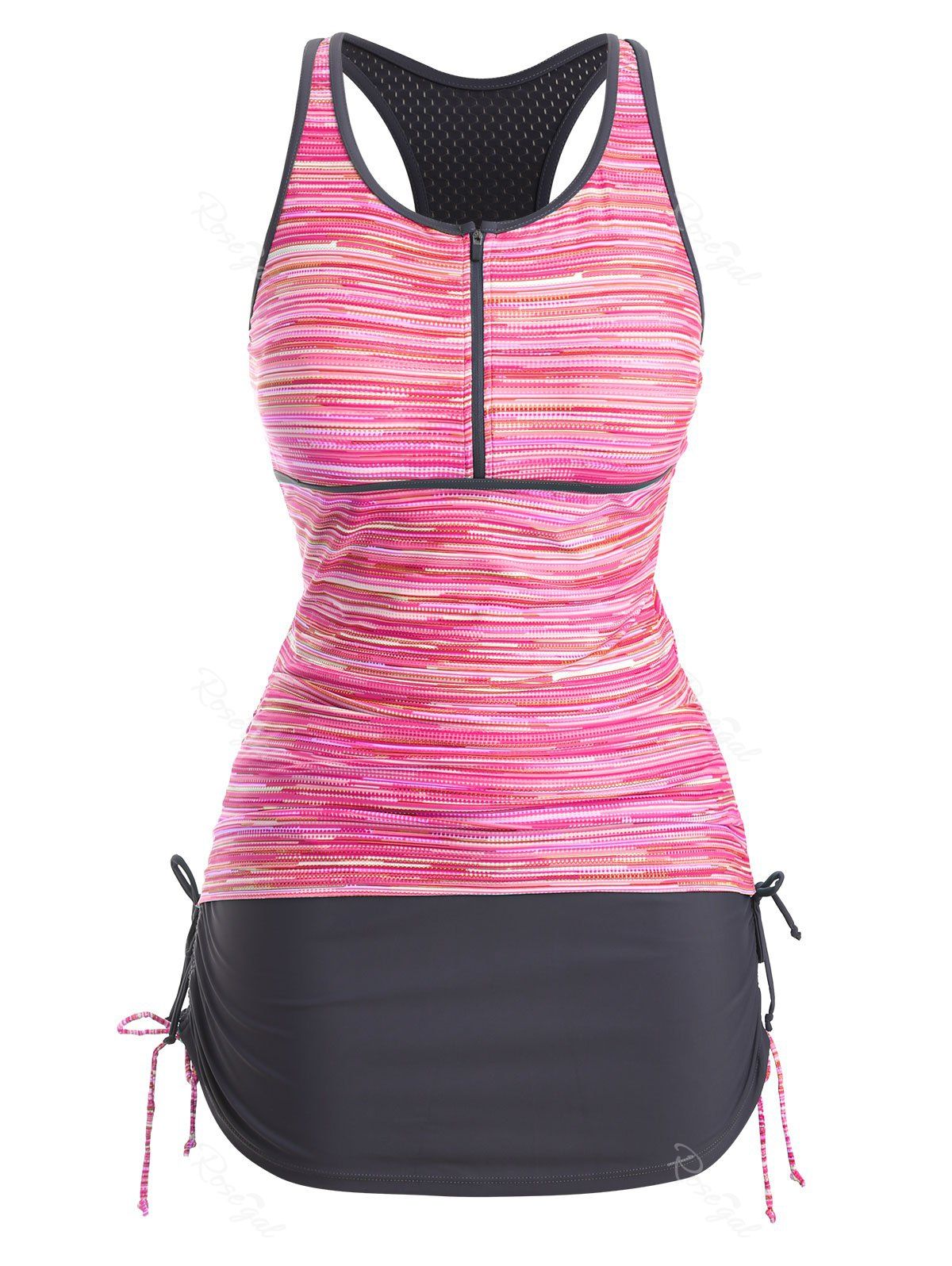 

Plus Size Front Zip Perforated Racerback Cinched Tankini Swimsuit, Hot pink