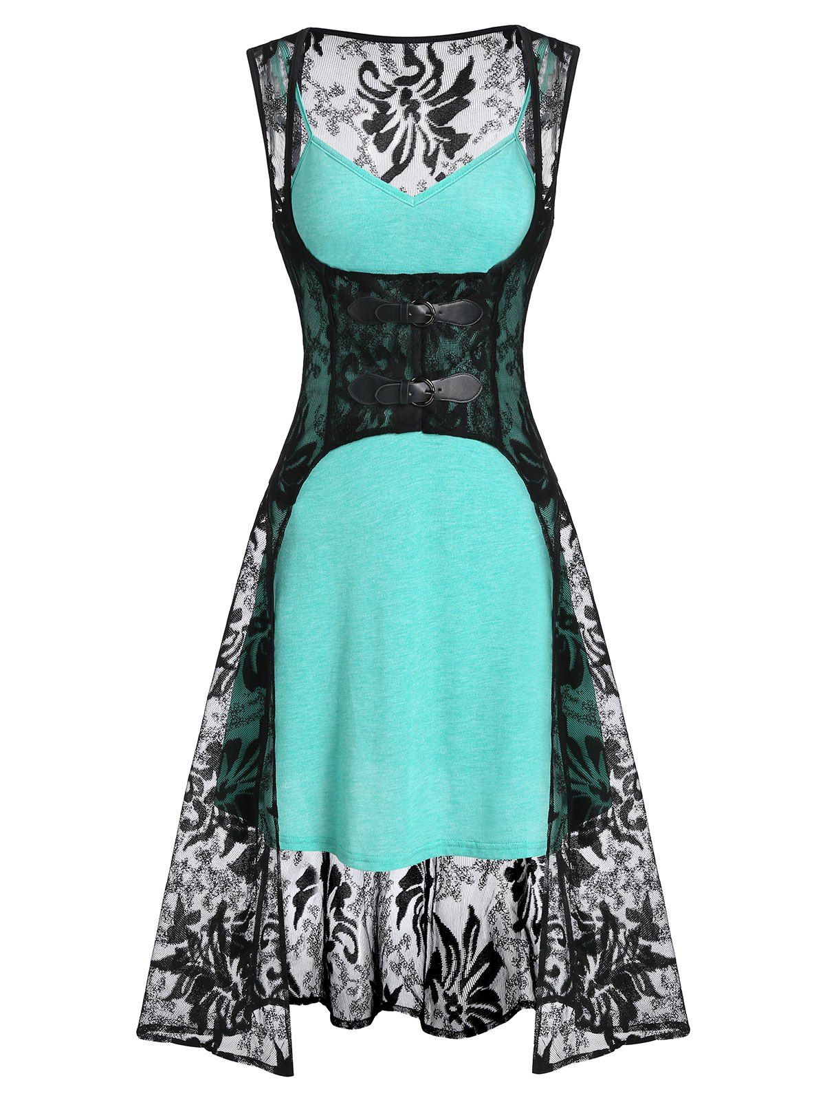 

Plain Cami Dress and Buckle Strap Lace Vest, Light aquamarine