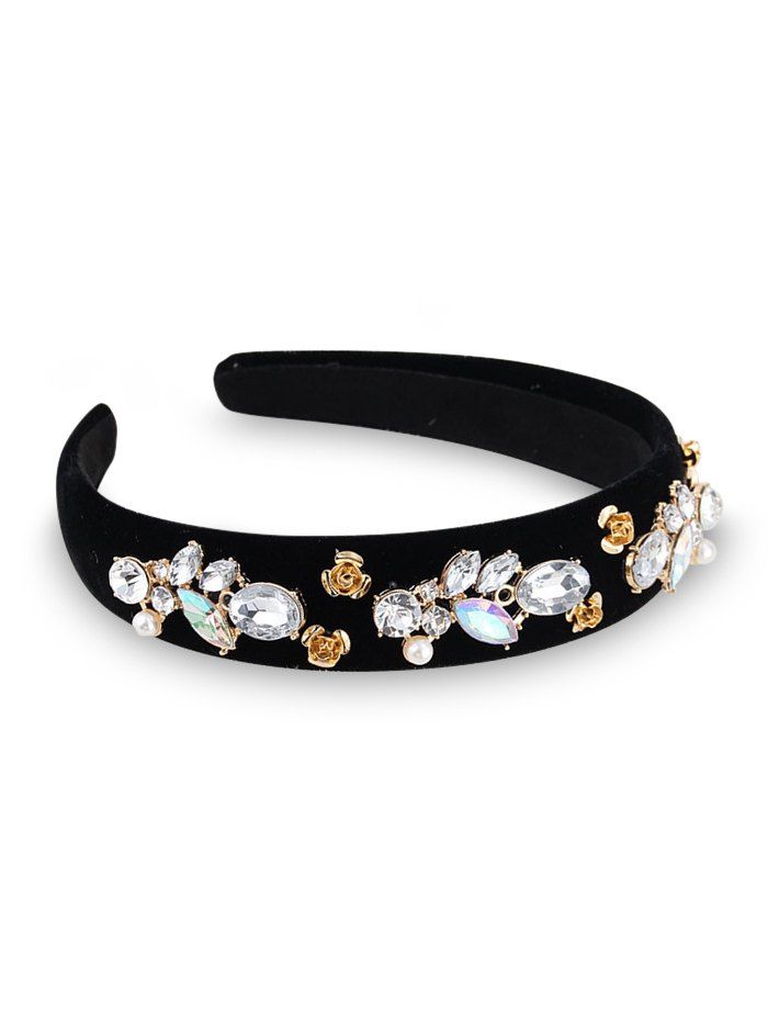 

Rhinestone Flower Wide Velour Hairband, Black
