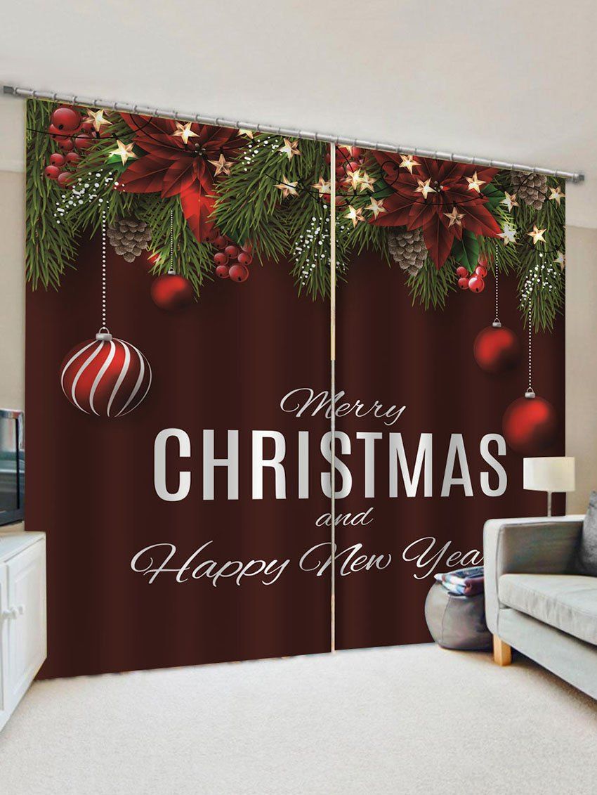 

2 Panels Christmas Flower Tree Balls Print Window Curtains, Multi