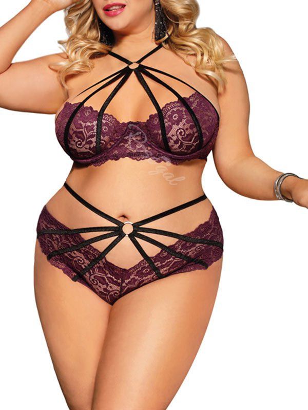 

Plus Size Lingerie O Ring Strappy Bra Set, Purple iris