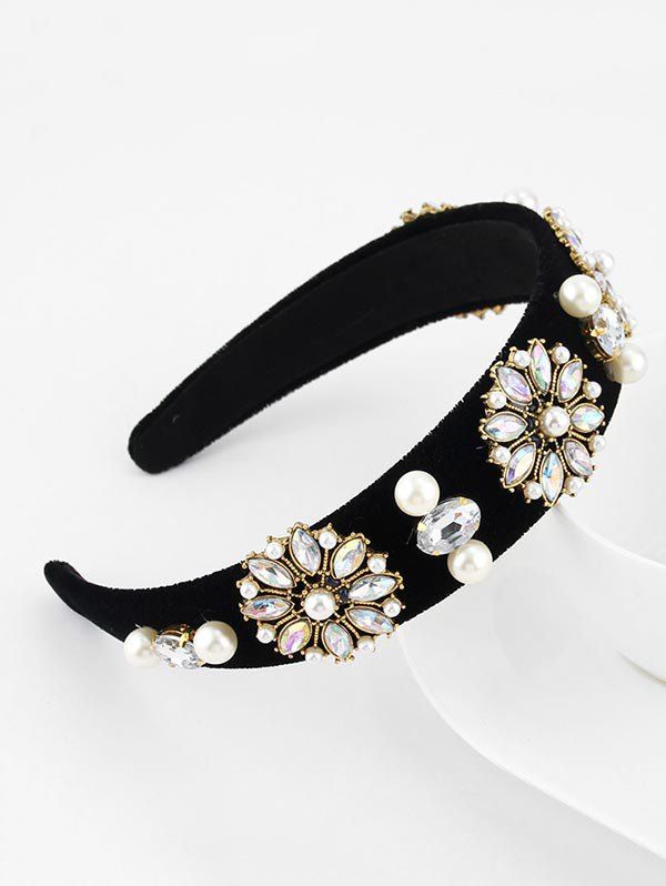 

Faux Pearl Floral Rhinestone Wide Velour Hairband, Black