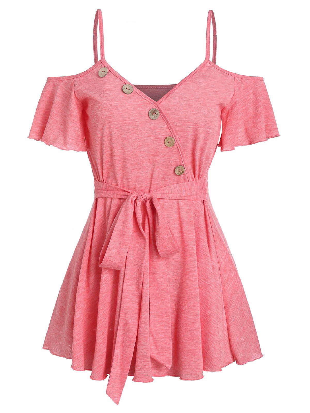 

Cold Shoulder Button Belted Short Sleeve T Shirt, Rose red