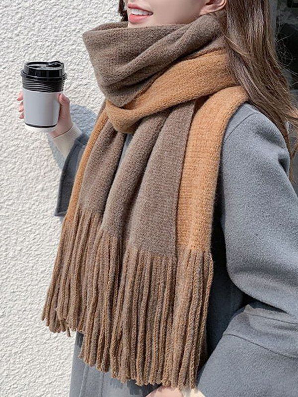 

Two Tone Colorblock Tassel Long Scarf, Camel brown
