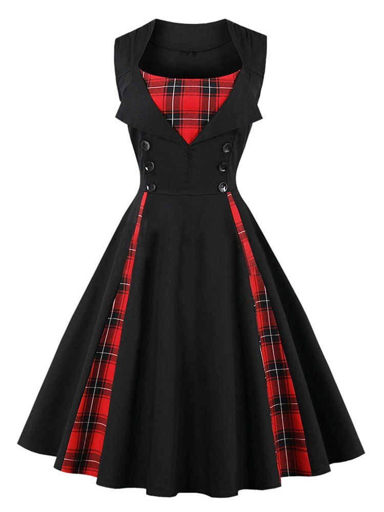 

Plaid Panel Buttons Vintage Flare Dress, Black