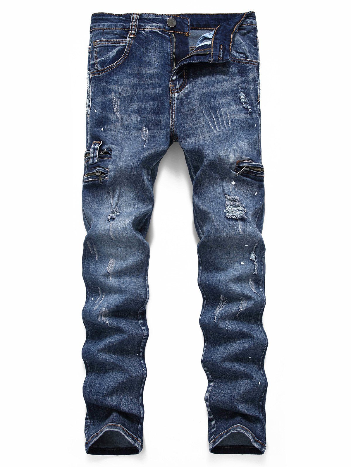 

Ripped Zipper Scratch Painting Dots Jeans, Denim dark blue