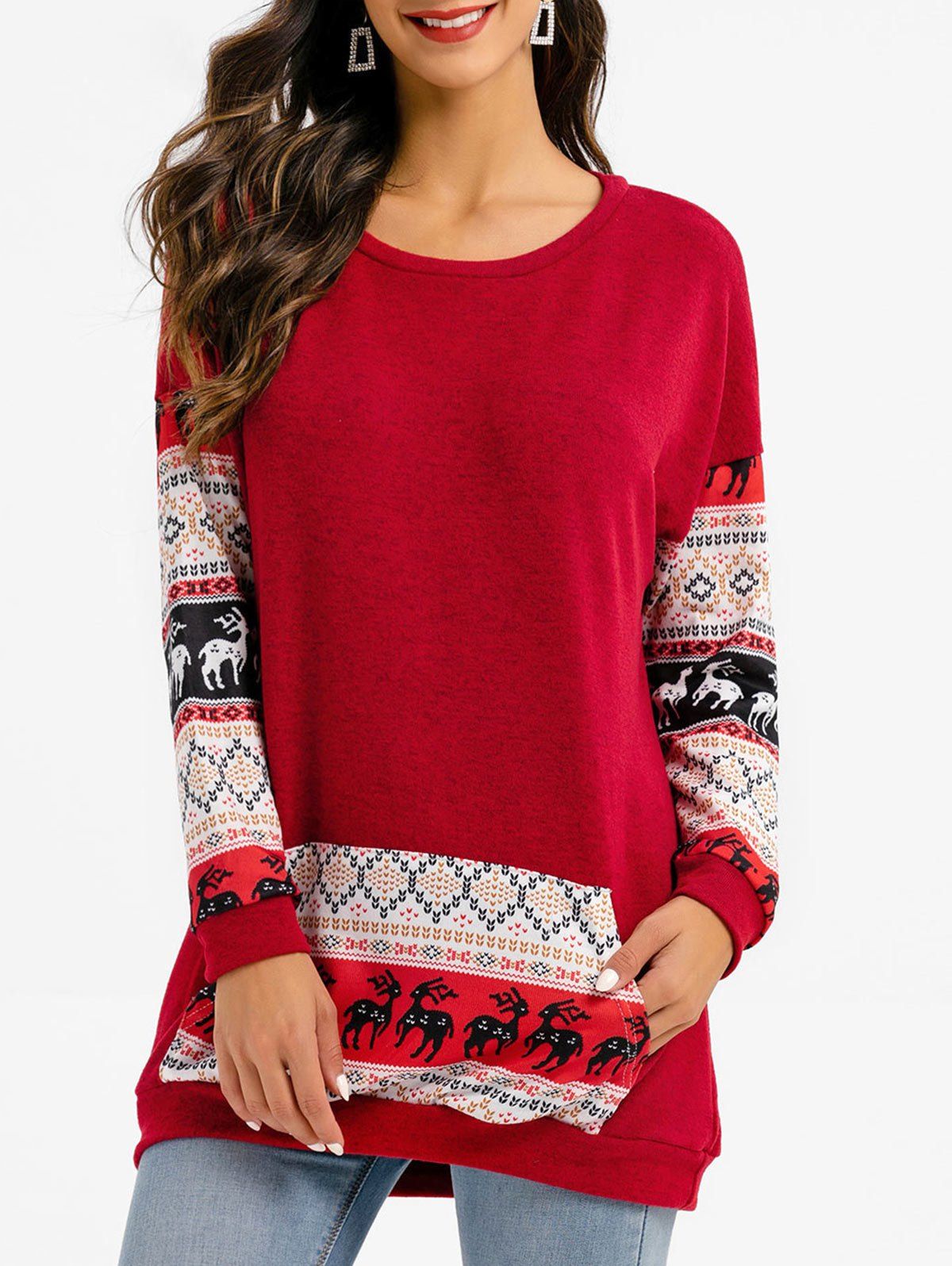 

Christmas Elk Graphic Front Pocket Tunic Sweater, Cherry red