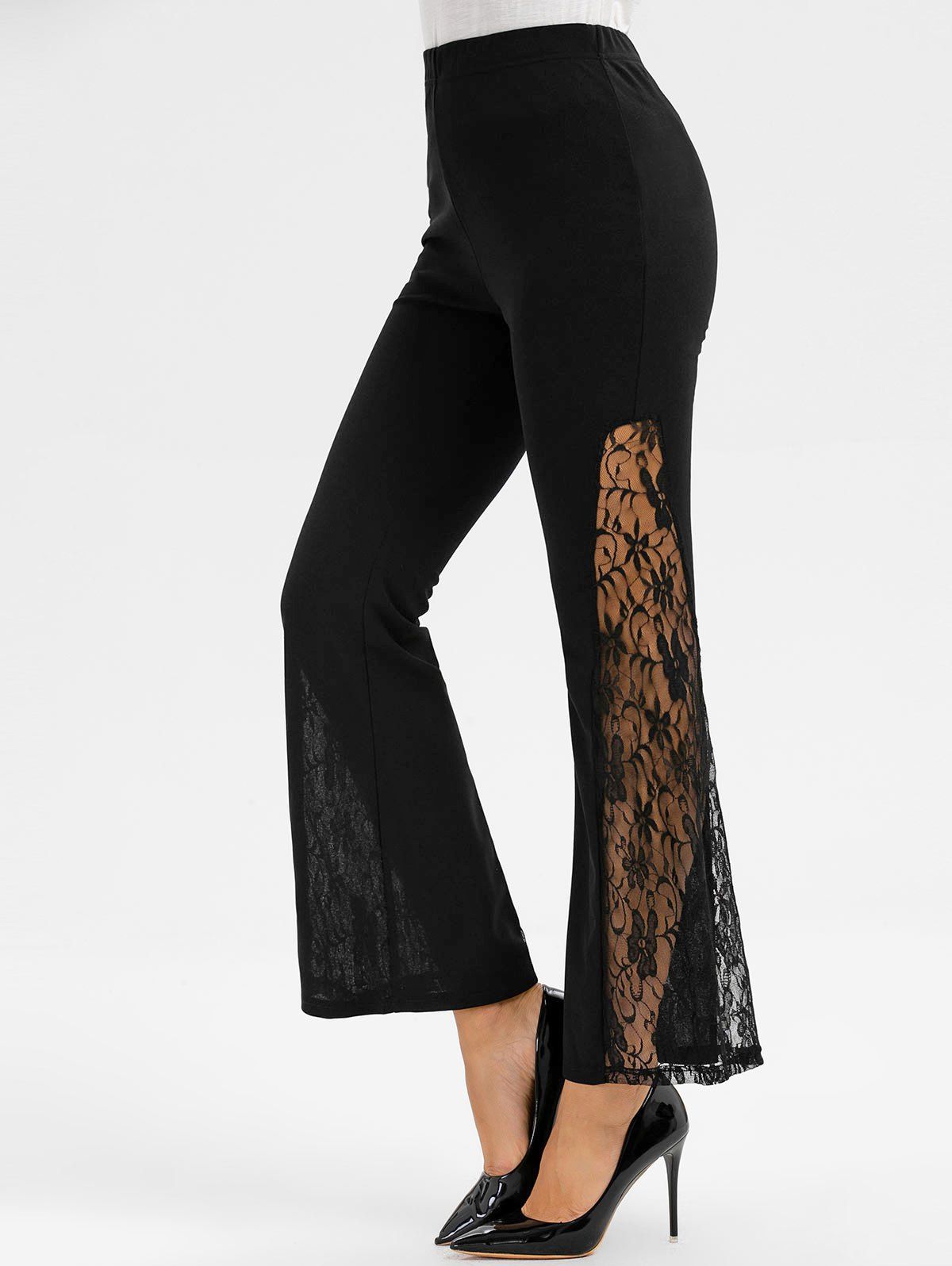 

Lace Panel Elastic Waist Flare Pants, Black