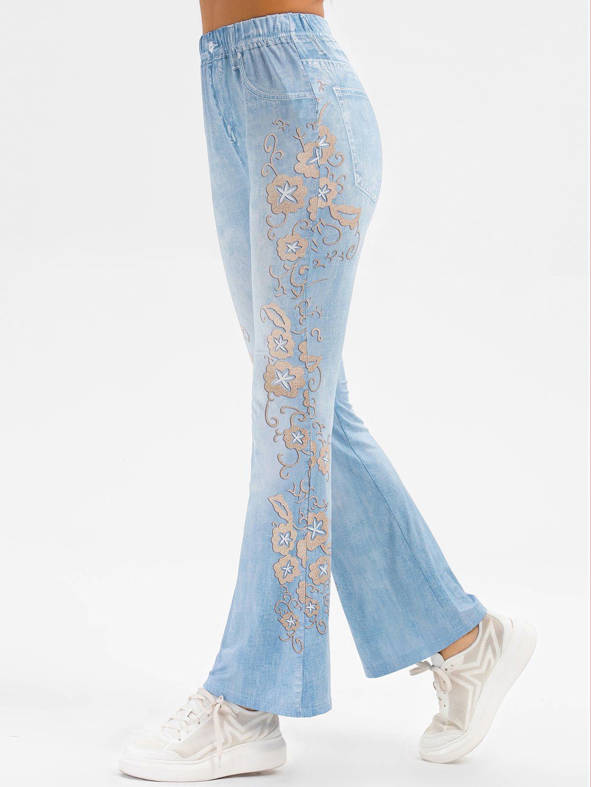 

Floral Print Faux Denim Palazzo Pants, Jeans blue