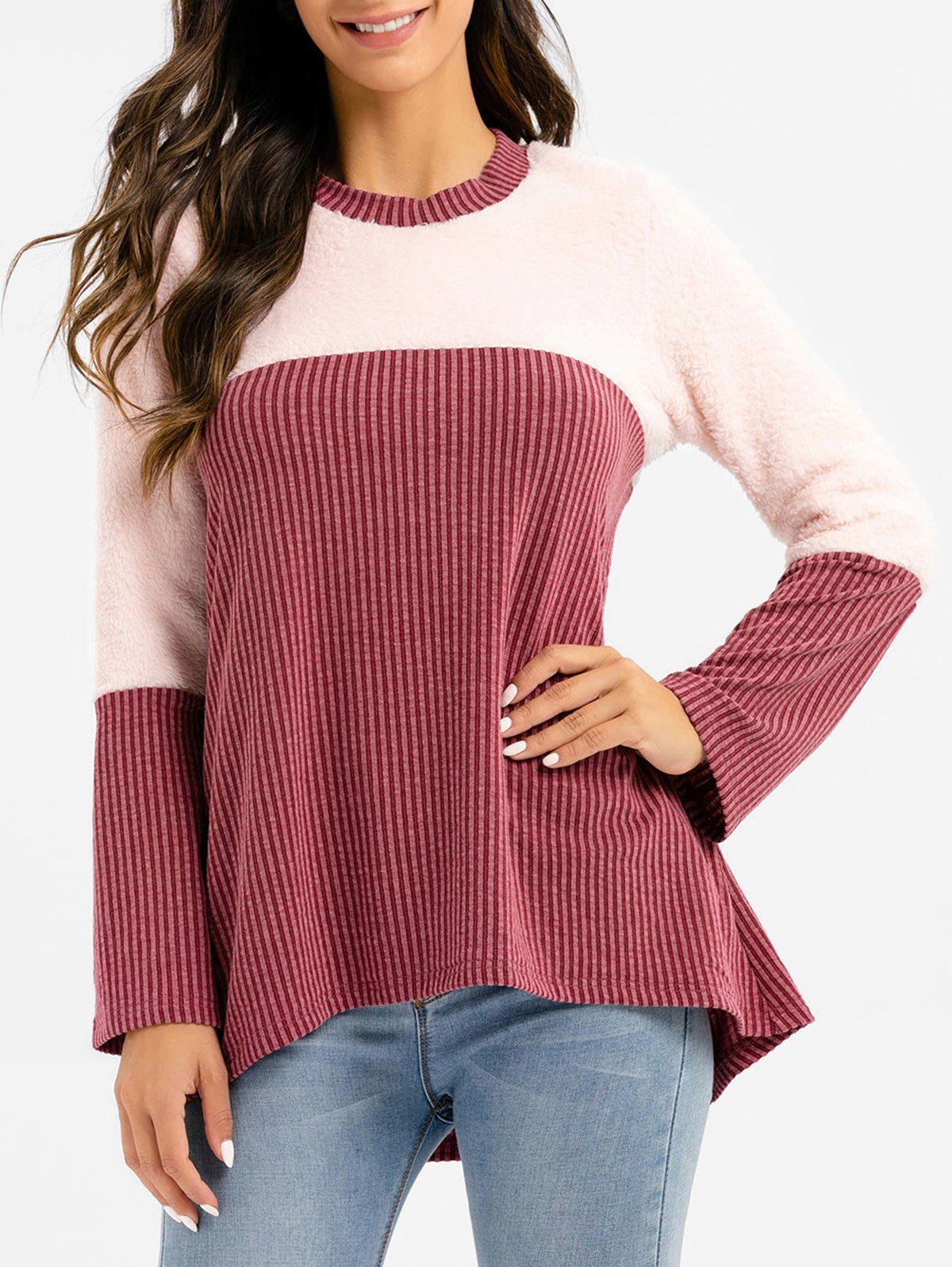 

Faux Fur Panel Striped High Low Knitwear, Multi-a