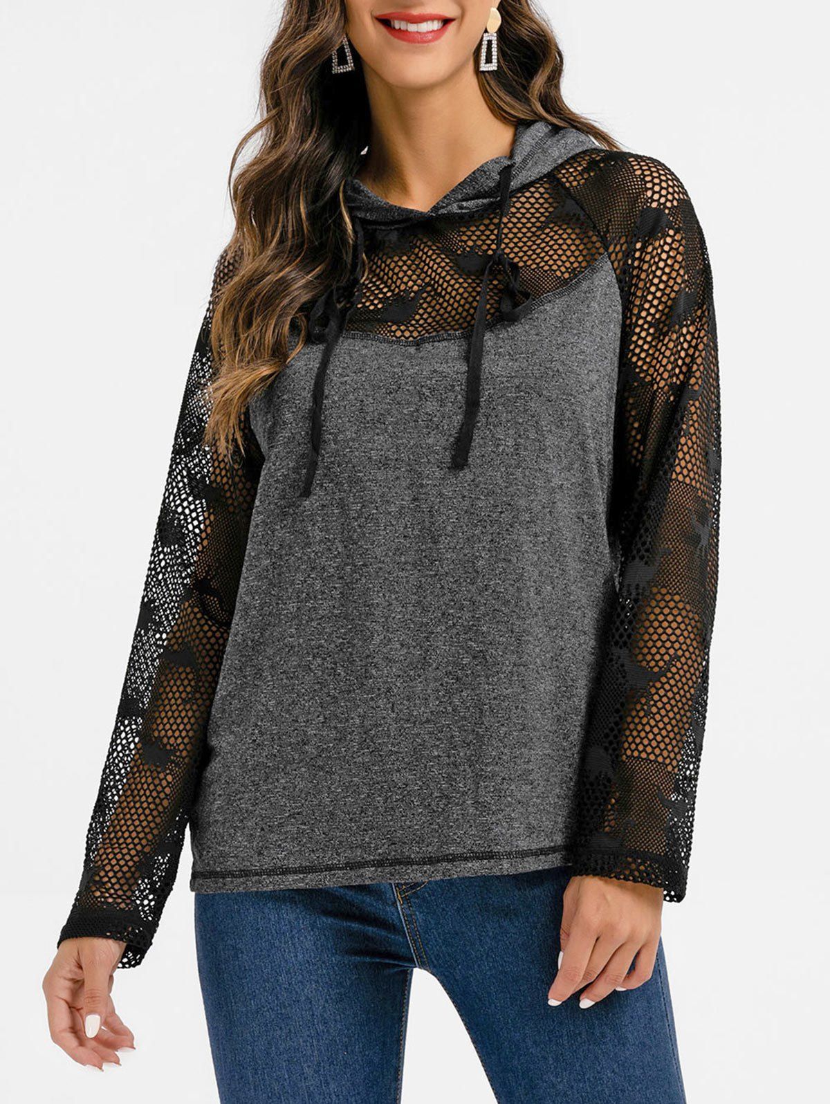 fishnet drawstring hooded sweatshirt