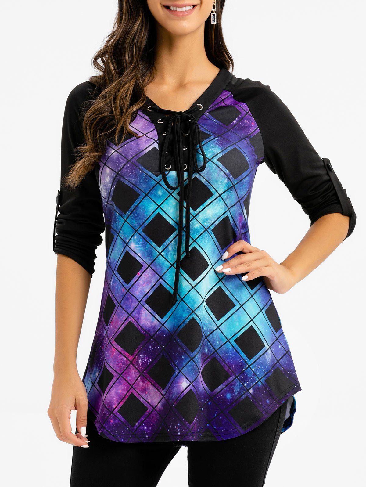 Lace Up Starry Geometric Print Rolled Sleeve T Shirt, Black
