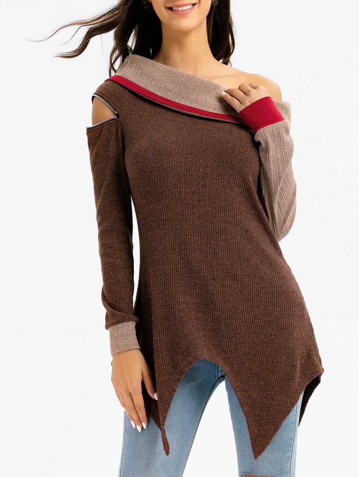 

Off Shoulder Color-blocking Asymmetric Sweater, Coffee