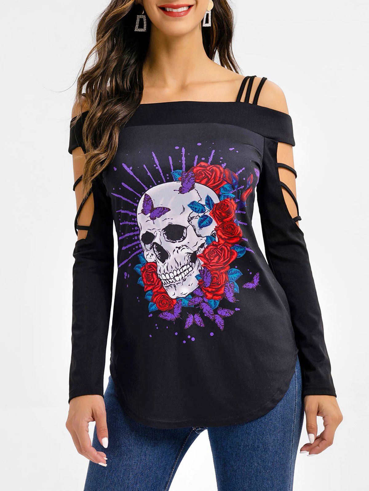 

Skull Flowers Butterflies Print Criss-cross Strappy T-shirt, Black