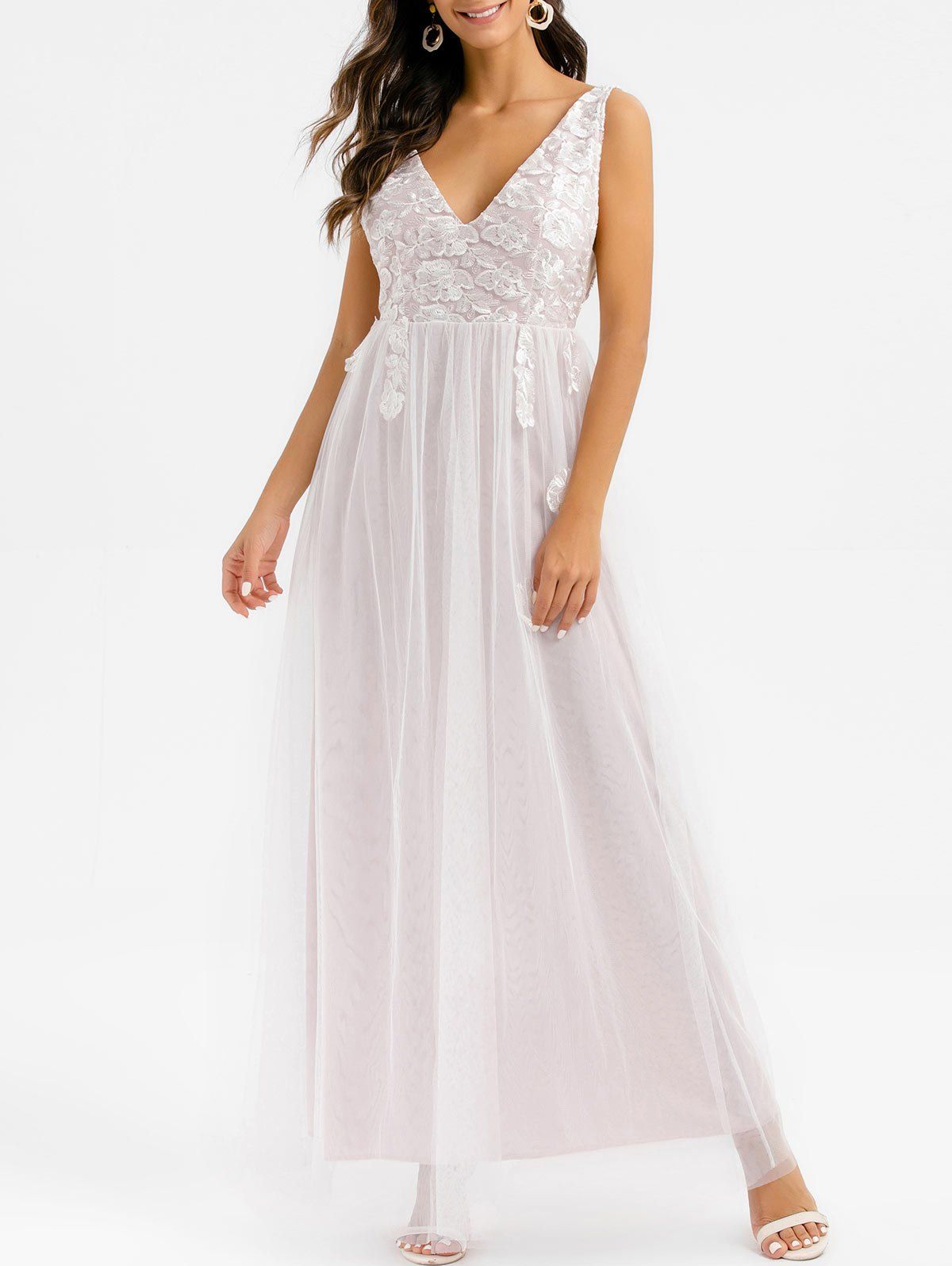 

Floral Embroidered Lace Overlay Low Cut Maxi Prom Dress, White