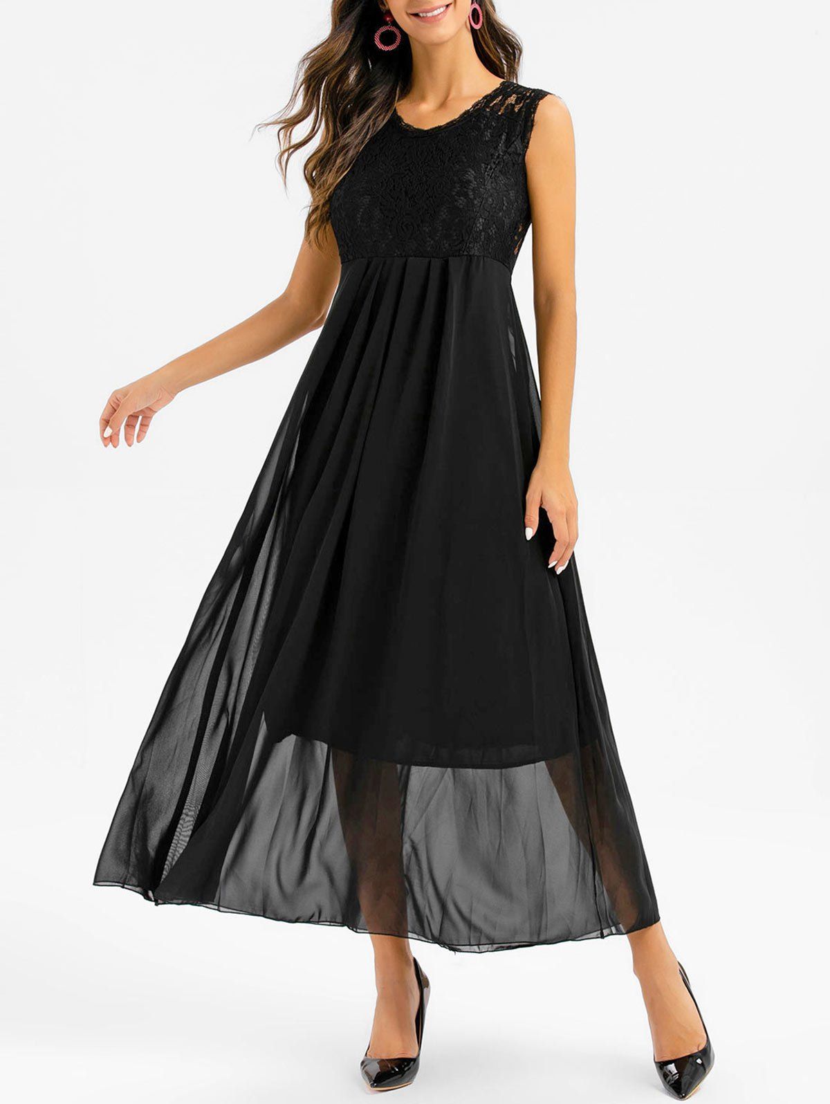 

Sleeveless Lace Insert Pleated Maxi Prom Dress, Black
