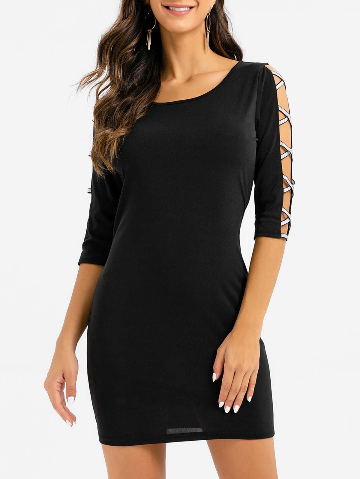 

Half Sleeve Cut Out Criss-cross Sheath Dress, Black